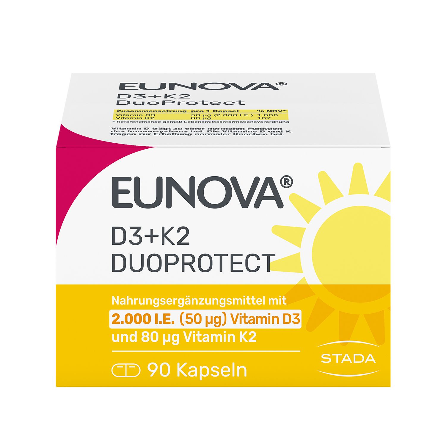 EUNOVA® D3+K2 DuoProtect Packung. Nahrungsergänzungsmittel mit Vitamin D und K. 90 Kapseln. STADA.