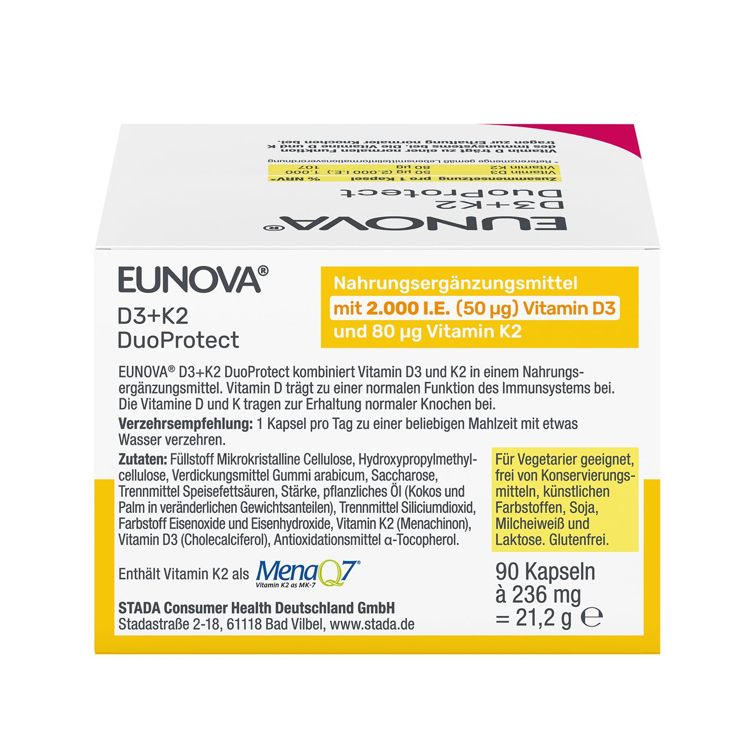 Rückseite der EUNOVA® D3+K2 DuoProtect Packung. Inhaltsstoffe, Verzehrempfehlung, Hinweise. 90 Kapseln.