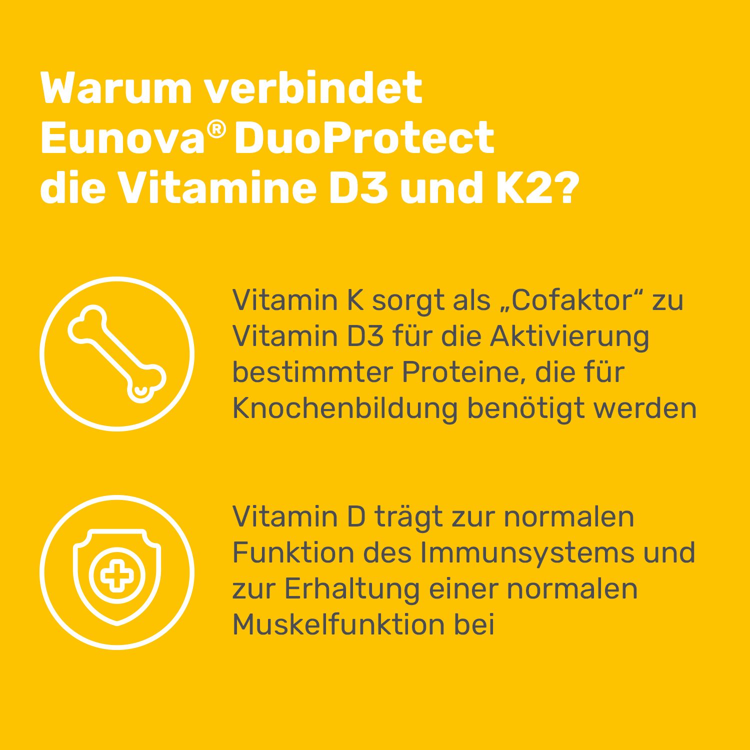 Grafik mit Knochen- und Schildsymbol. Text: Warum verbindet EUNOVA® DuoProtect D3 und K2?