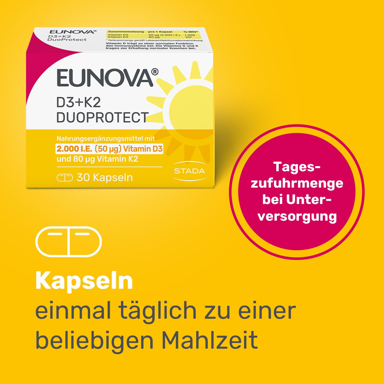 EUNOVA® D3+K2 DuoProtect Packung. 30 Kapseln. Text: Tageszufuhr bei Unterversorgung. Kapseln.
