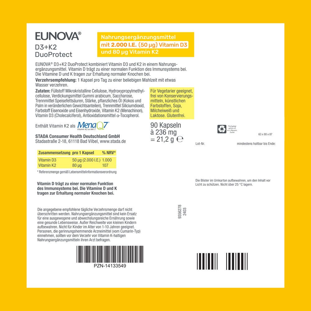 Rückseite der EUNOVA® D3+K2 DuoProtect Packung. Inhaltsstoffe, Verzehrempfehlung, Hinweise. 90 Kapseln.