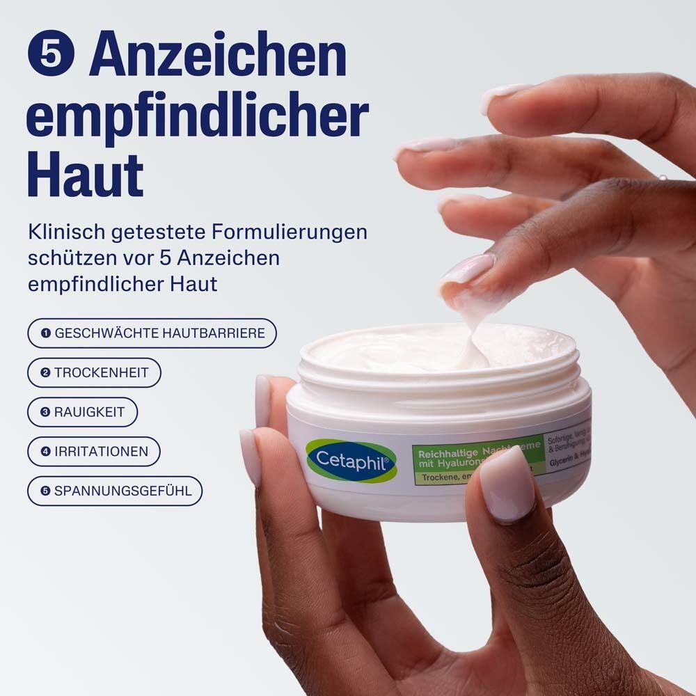 Hände halten ein Tiegel. Text: 5 Anzeichen empfindlicher Haut. Klinisch getestete Formulierungen.