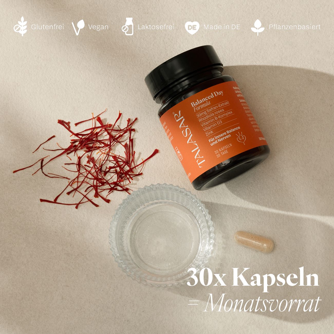 Flasche mit Kapseln, Glasbehälter und Kapsel. Aufschrift: 30x Kapseln. TALASAR®-Marke. Vegan, glutenfrei.