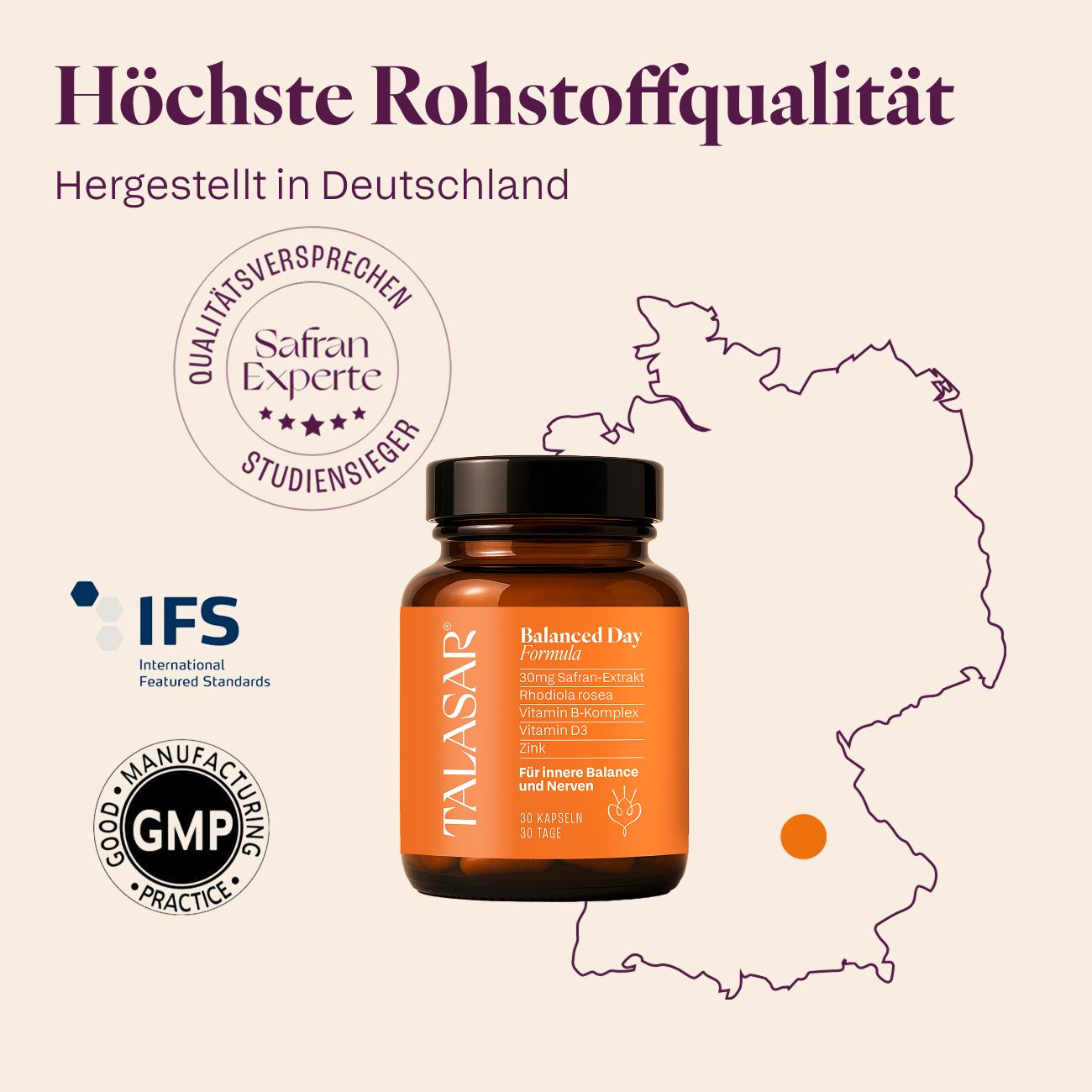 Flasche mit Kapseln, Deutschlandkarte. TALASAR®-Marke. Aufschrift: Höchste Rohstoffqualität. Zertifizierungen.