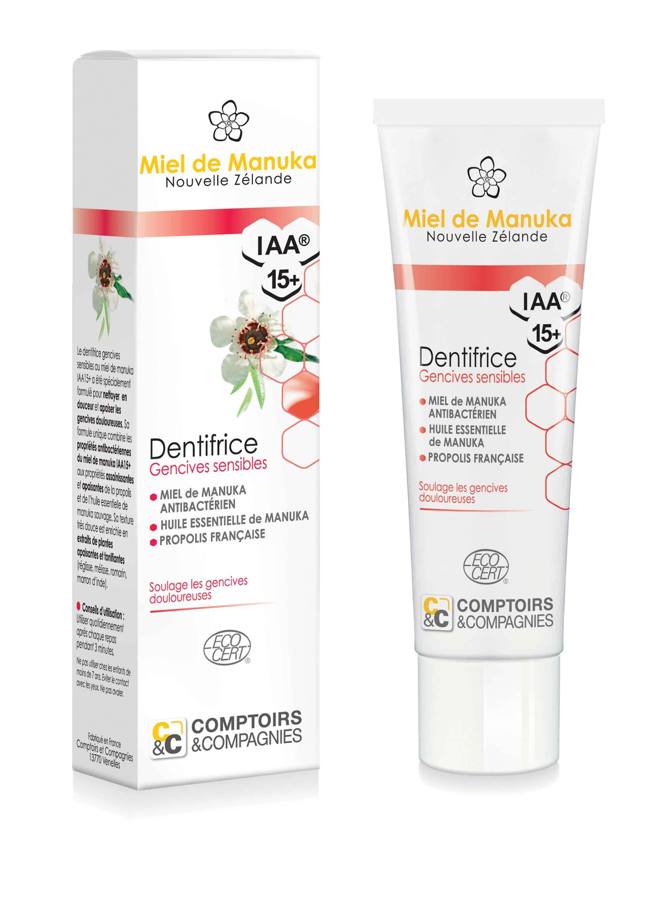 Zahncreme und Verpackung. Weißes Tuben- und Kartondesign. Text: Miel de Manuka, IAA 15+, Dentifrice Gencives sensibles.