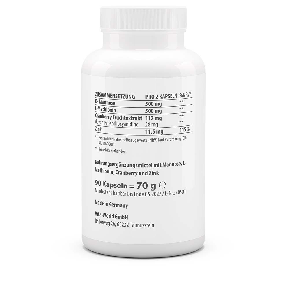 Rückseite der weißen Flasche. Zutatenliste, Nährwertangaben, Herstellerinformationen. 90 Kapseln = 70 g.