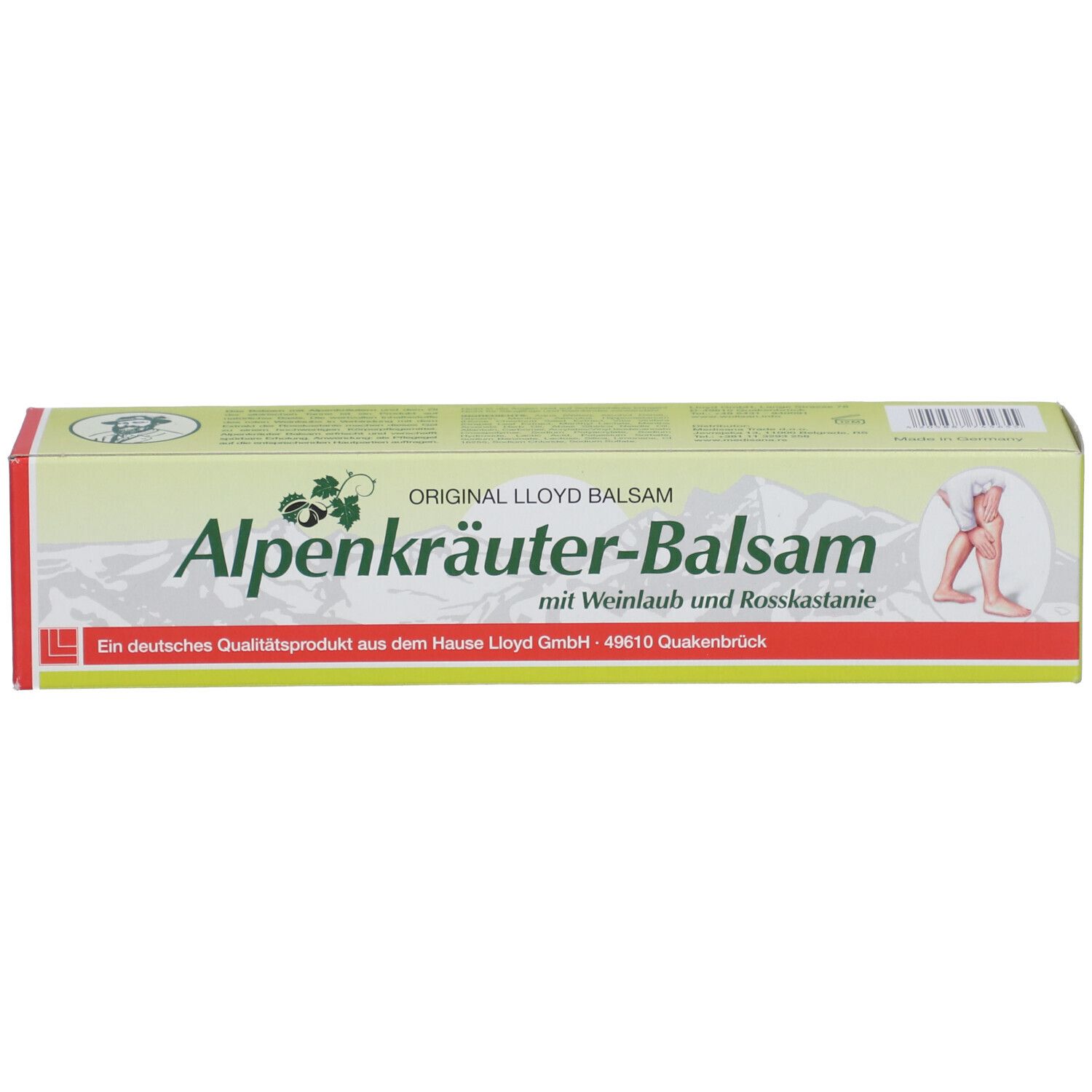 Produktverpackung: Schachtel. Text: Alpenkräuter-Balsam, mit Weinlaub und Rosskastanie. Abbildung einer Person.