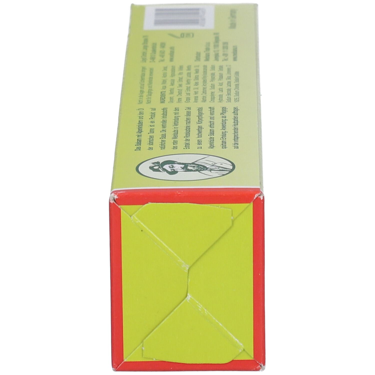 Produktverpackung: Schachtel, Seitenansicht. Text: Alpenkräuter-Balsam. Logo einer Person mit Hut.