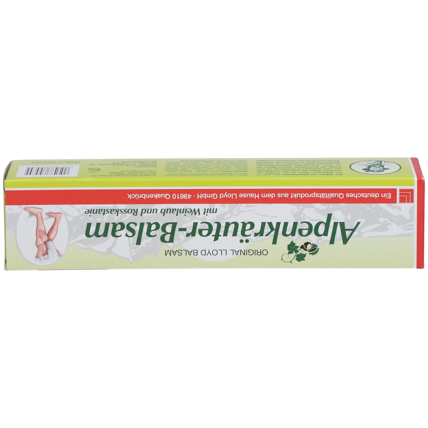 Produktverpackung: Schachtel. Text: Alpenkräuter-Balsam, mit Weinlaub und Rosskastanie. Abbildung einer Person.