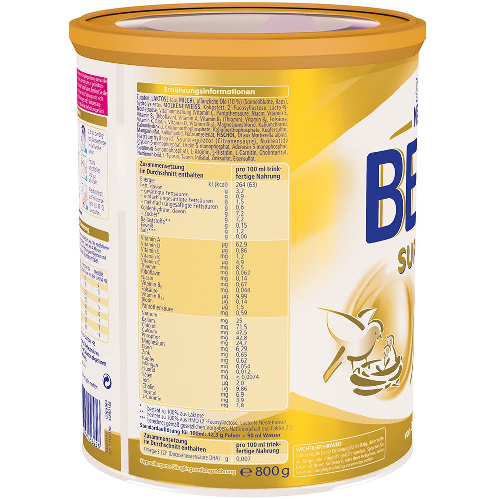 Goldfarbene Dose Nestlé Beba Supreme Pre. Detailansicht der Nährwertangaben.