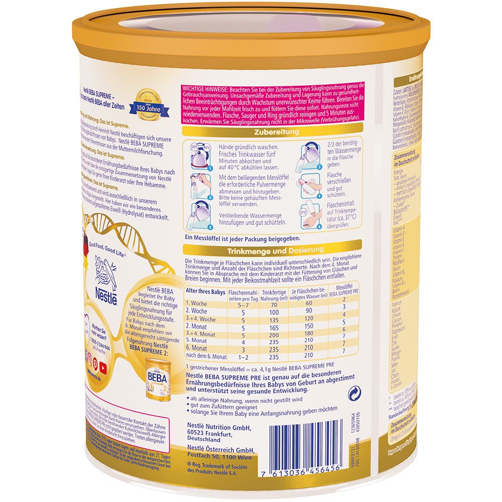 Goldfarbene Dose Nestlé Beba Supreme Pre. Rückseite mit Zubereitungsanleitung und Dosierungstabelle.