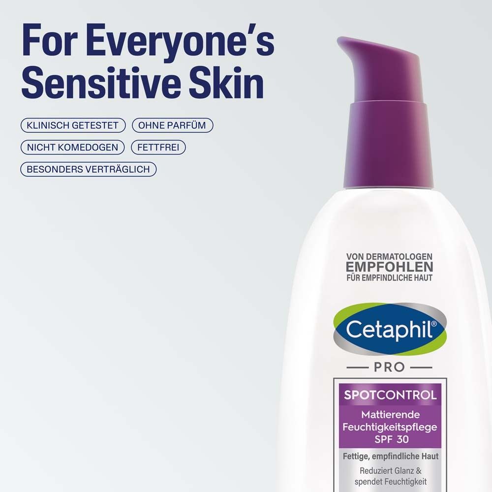 Cetaphil Pro SpotControl Feuchtigkeitspflege. Weiße Flasche, lila Pumpe. Text: Für empfindliche Haut.