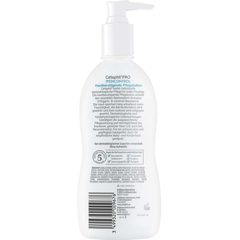 Rückseite der Flasche. Text: Cetaphil PRO ItchControl. Inhaltsstoffe, Anwendungshinweise, Herstellerinformationen.