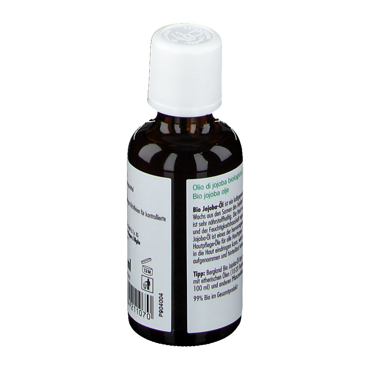 Braune Glasflasche mit weißem Deckel. Etikett mit Produktinformationen und Barcode. Naturkosmetik.