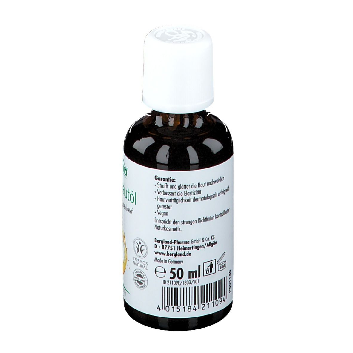 Rückseite einer braunen Glasflasche mit weißem Verschluss. Etikett mit Produktinformationen und Barcode. 50 ml.
