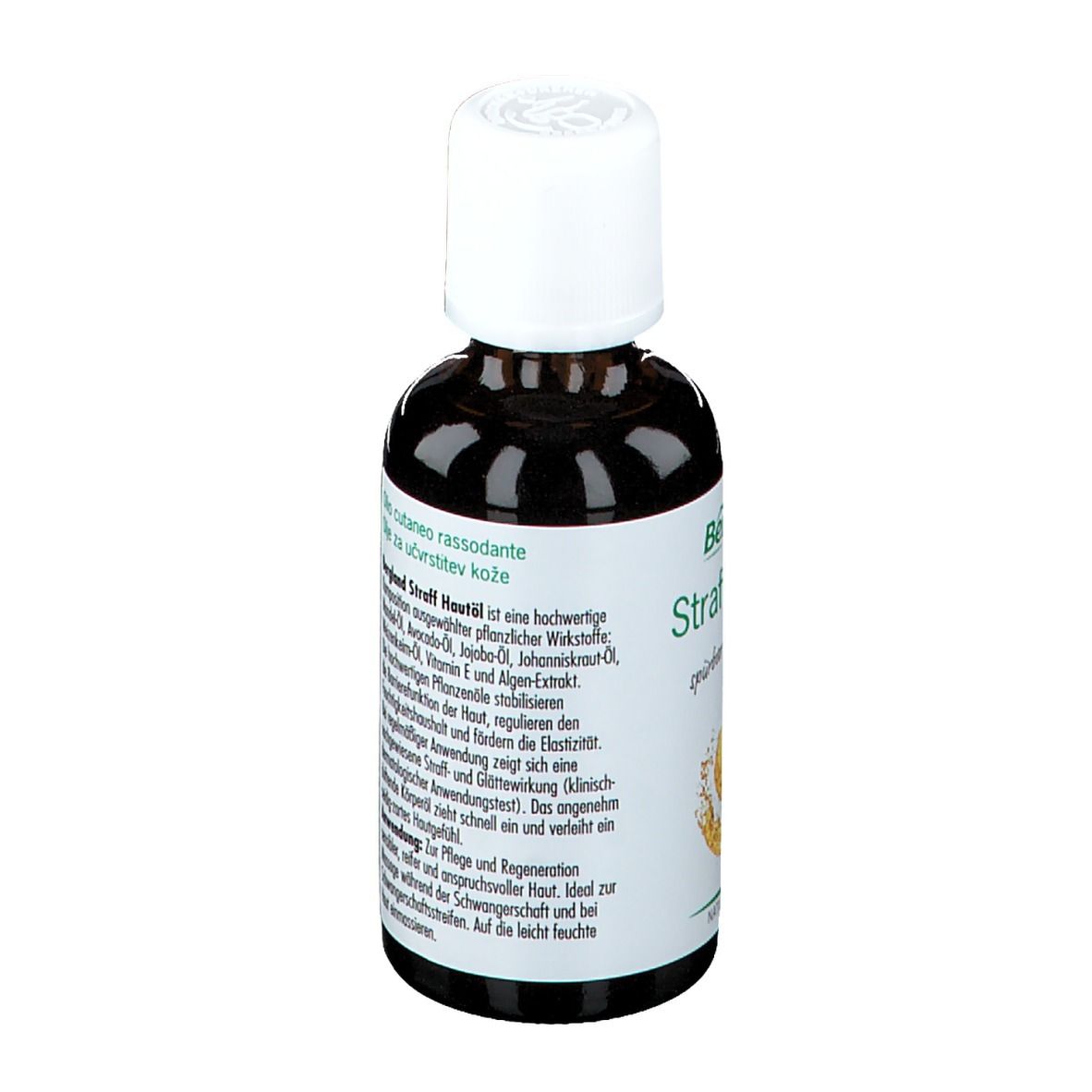 Braune Glasflasche mit weißem Verschluss. Etikett mit Produktinformationen. Naturkosmetik-Zertifizierung.