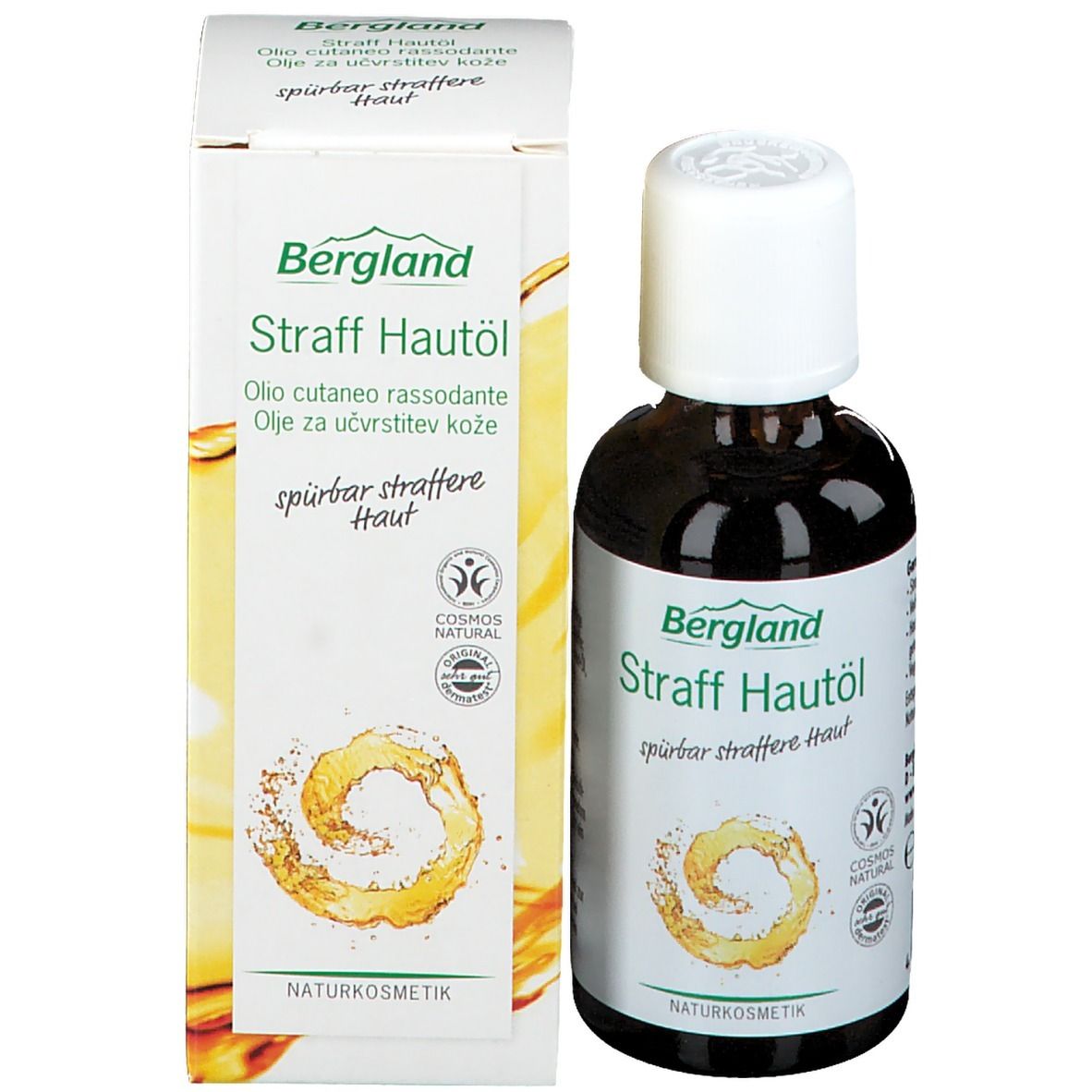 Produktflasche und Verpackung. Braune Glasflasche mit weißem Verschluss. Karton mit Produktname und Logo.