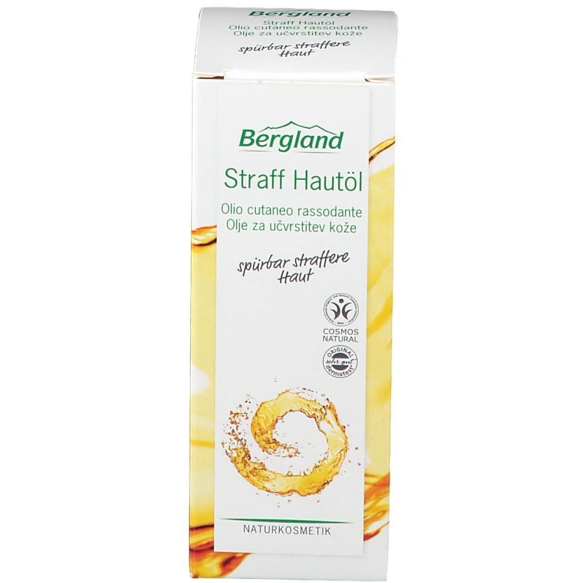 Produktverpackung. Karton mit Produktname und Logo. Naturkosmetik-Zertifizierung. Gelbe Flüssigkeit abgebildet.