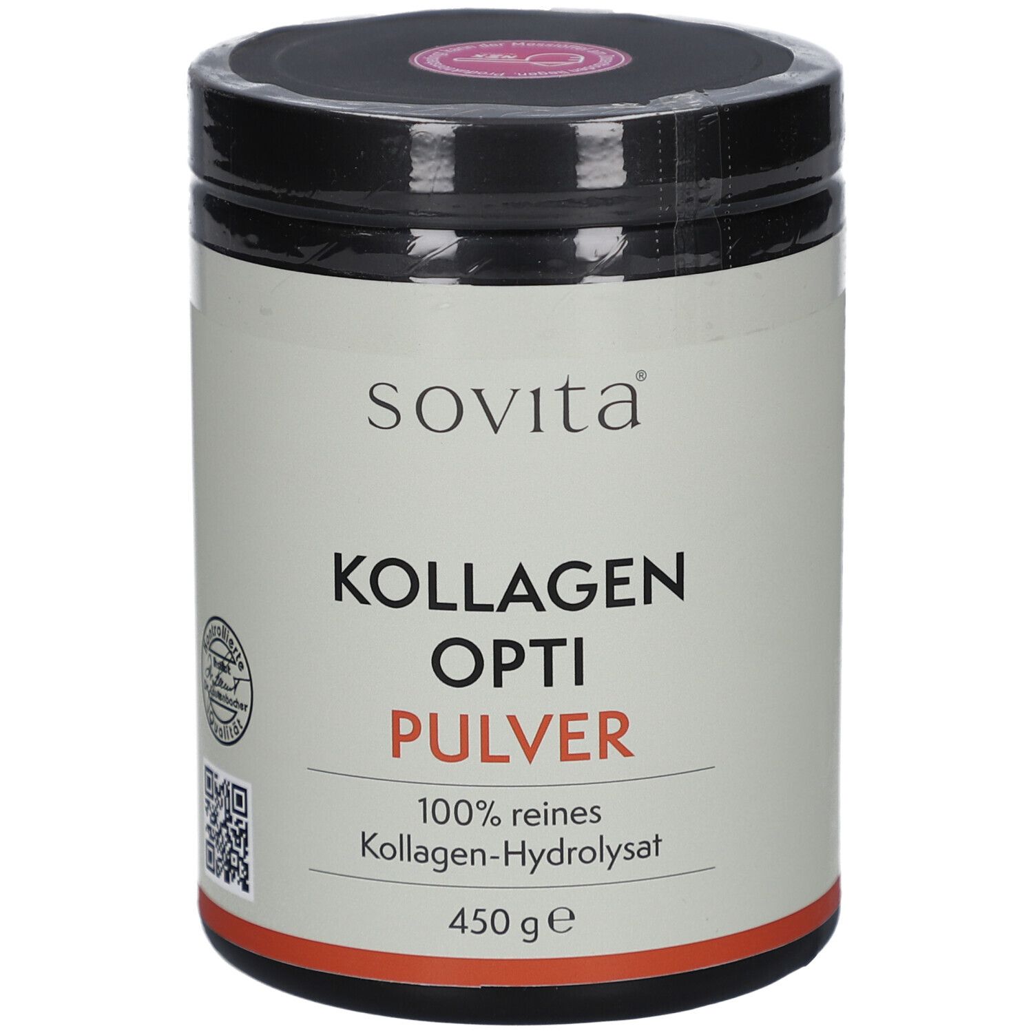 SOVITA Kollagen Opti Pulver. Dose mit schwarzem Deckel und weißem Etikett. Schriftzug: KOLLAGEN OPTI PULVER, 450 g.