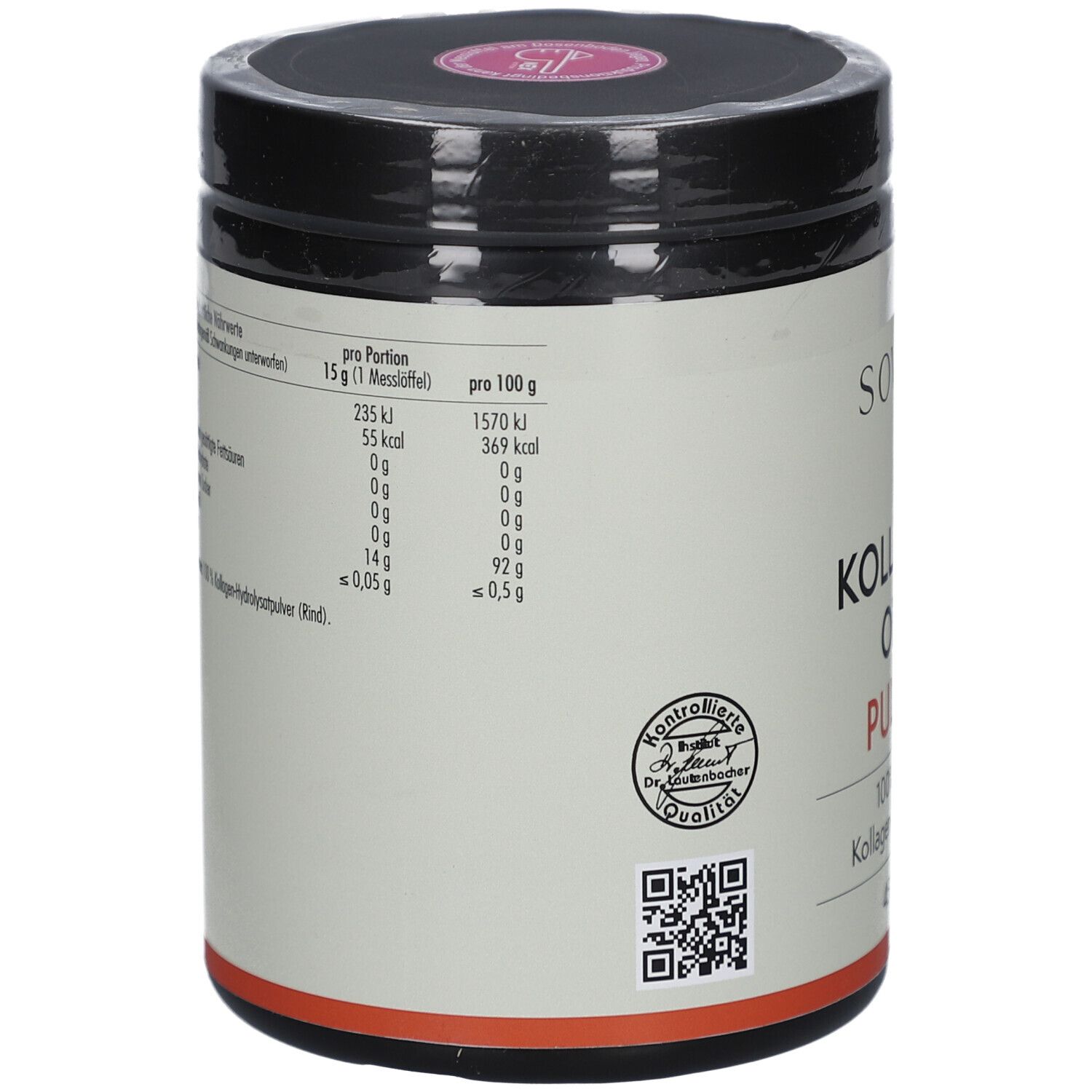 SOVITA Kollagen Opti Pulver. Dose mit Nährwertangaben. Schriftzug: KOLLAGEN OPTI PULVER. Aufdruck: 100% reines Kollagen-Hydrolysat.