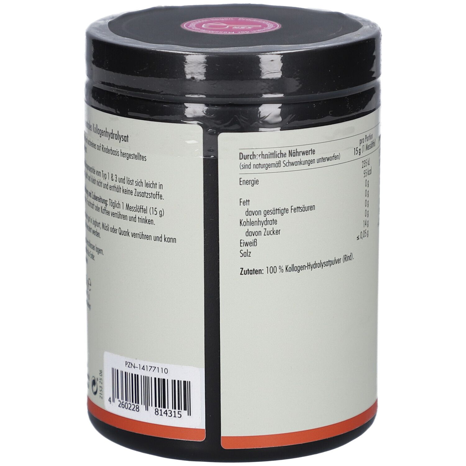 SOVITA Kollagen Opti Pulver. Dose mit Zutatenliste und QR-Code. Schriftzug: KOLLAGEN OPTI PULVER. Aufdruck: 100% reines Kollagen-Hydrolysat.