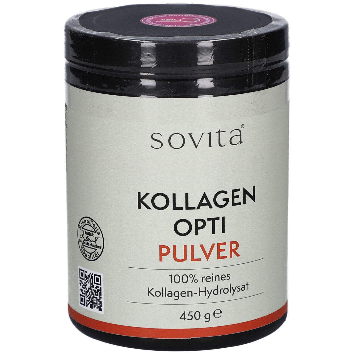 SOVITA Kollagen Opti Pulver. Dose mit schwarzem Deckel und weißem Etikett. Schriftzug: KOLLAGEN OPTI PULVER, 450 g.