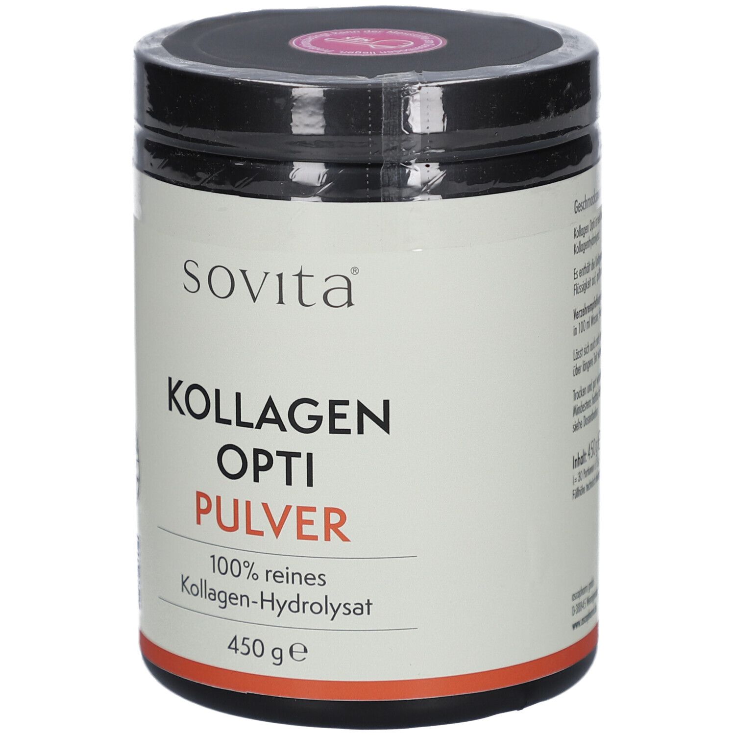 SOVITA Kollagen Opti Pulver. Dose mit schwarzem Deckel und weißem Etikett. Schriftzug: KOLLAGEN OPTI PULVER, 450 g.