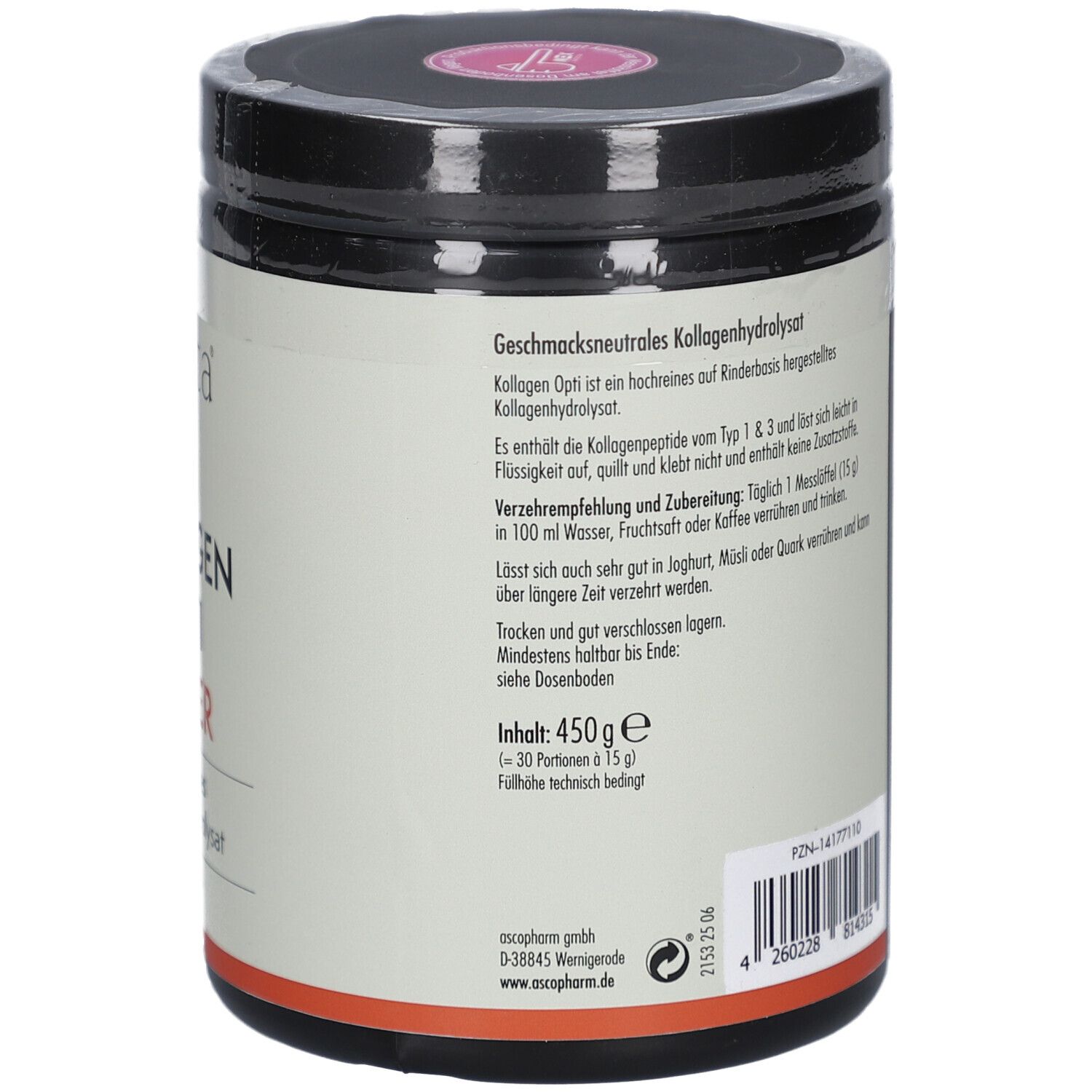 SOVITA Kollagen Opti Pulver. Dose mit Text. Schriftzug: KOLLAGEN OPTI PULVER. Aufdruck: 450 g. Text über Verzehrempfehlung.