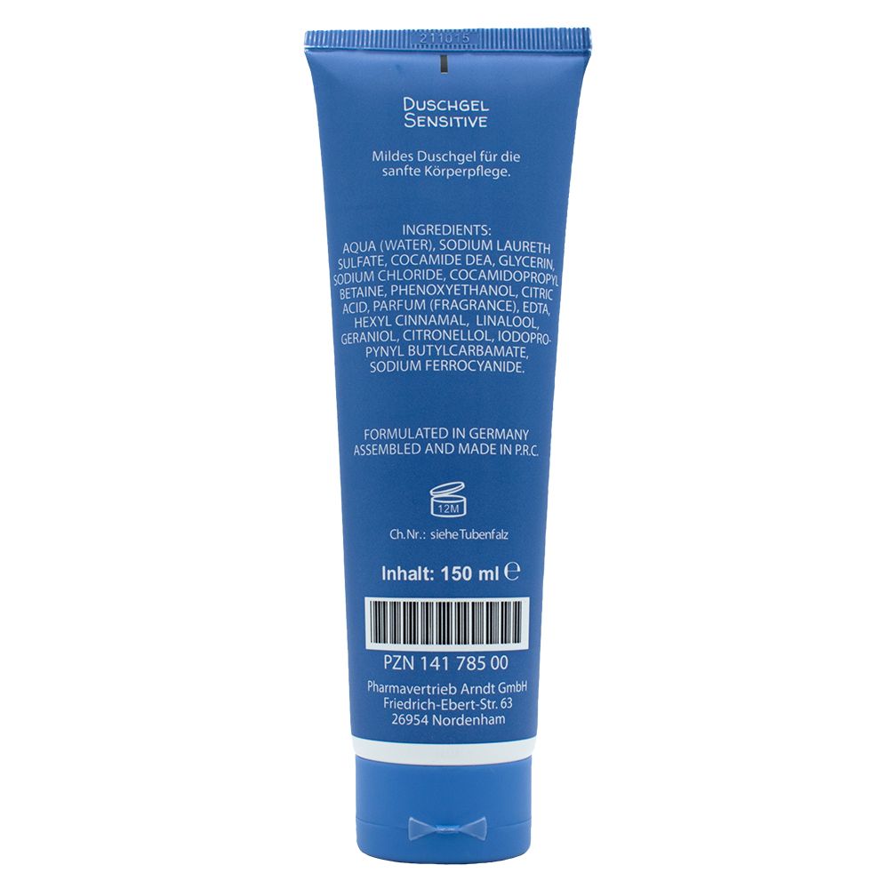 Rückseite der blauen Tube. Text: 'Duschgel Sensitive', Inhaltsstoffe, 'Inhalt: 150 ml', PZN-Code und Herstellerinformationen.