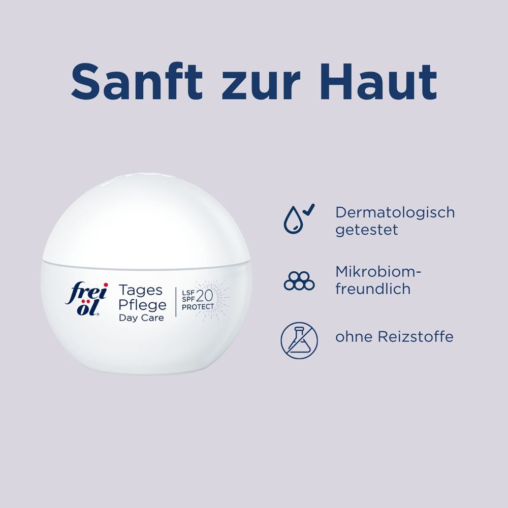Weiße Dose mit 'frei öl Tages Pflege SPF 20 Protect' Aufschrift. Dermatologisch getestet, mikrobiomfreundlich, ohne Reizstoffe.