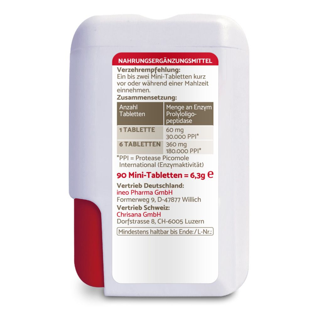 Rückseite der GluteoStop Verpackung mit Einnahmeempfehlung und Zusammensetzung.
