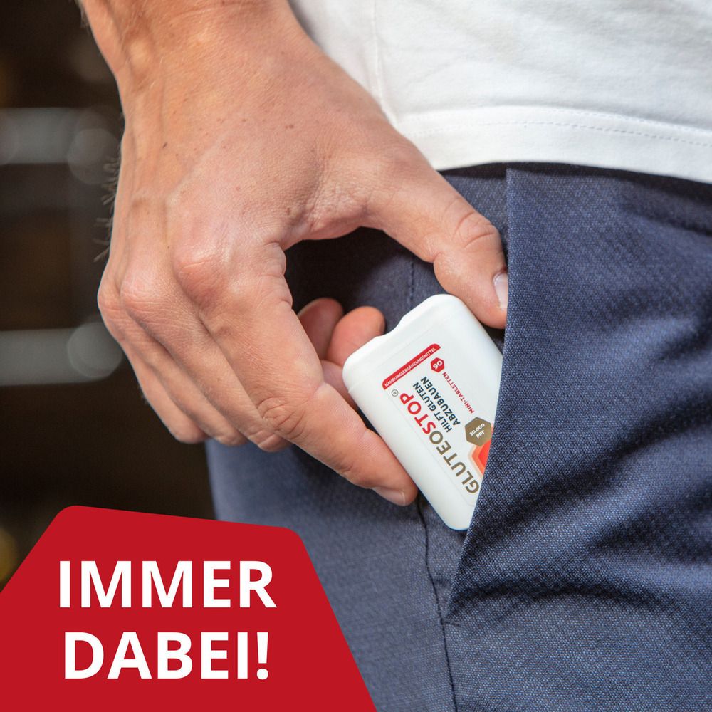 GluteoStop Spender in einer Hosentasche, immer dabei.