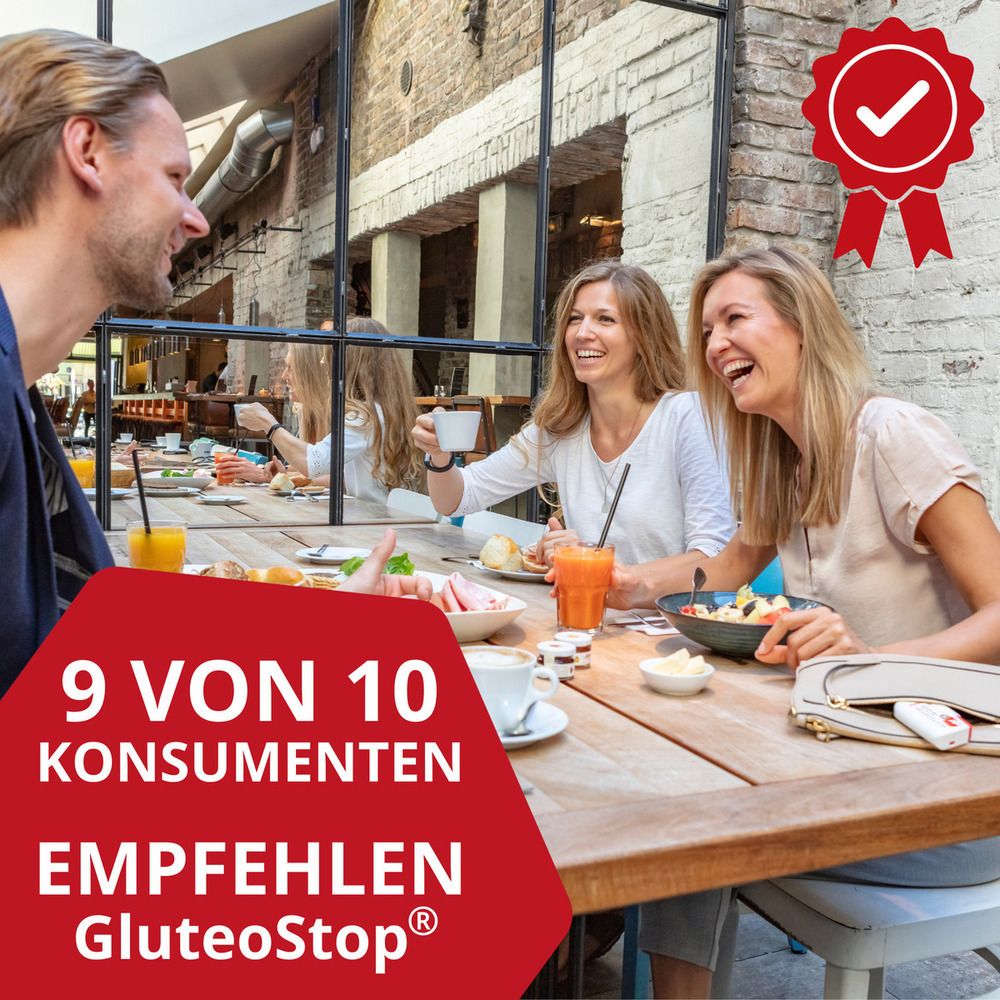Menschen genießen eine Mahlzeit, GluteoStop wird empfohlen.