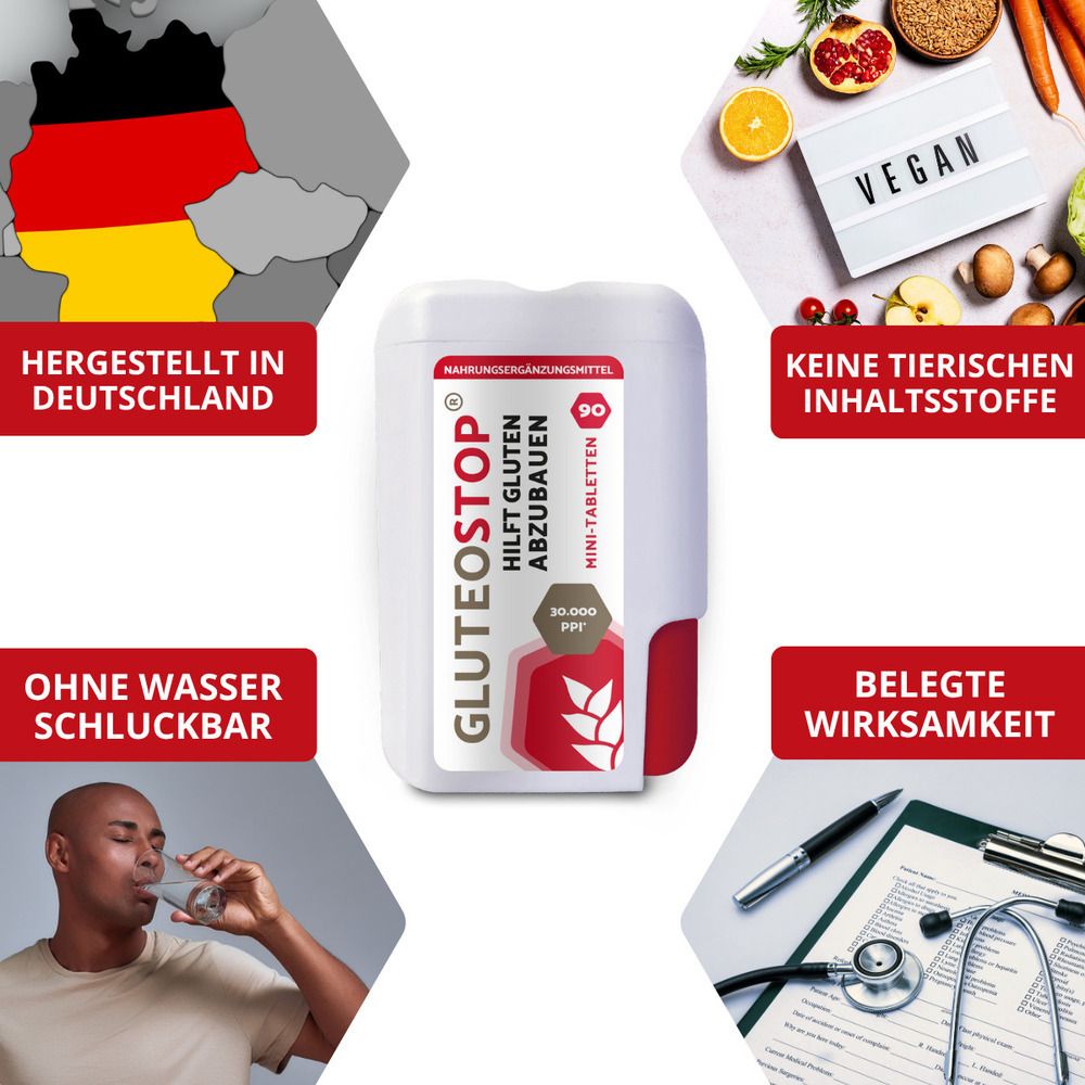 GluteoStop: Hergestellt in Deutschland, vegan, ohne tierische Inhaltsstoffe, ohne Schlucken einnehmbar, belegte Wirksamkeit.