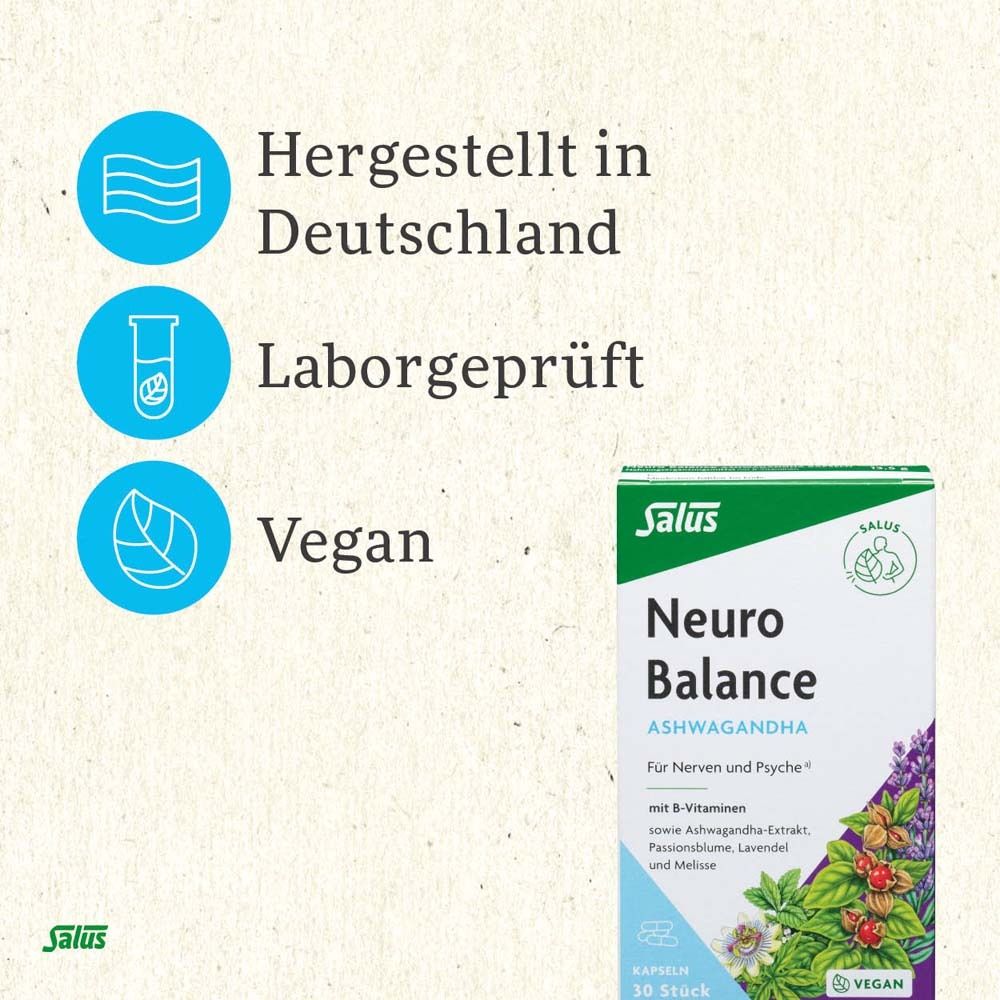 Packung: Neuro Balance Ashwagandha. Hergestellt in Deutschland. Laborgeprüft. Vegan. Salus Logo.