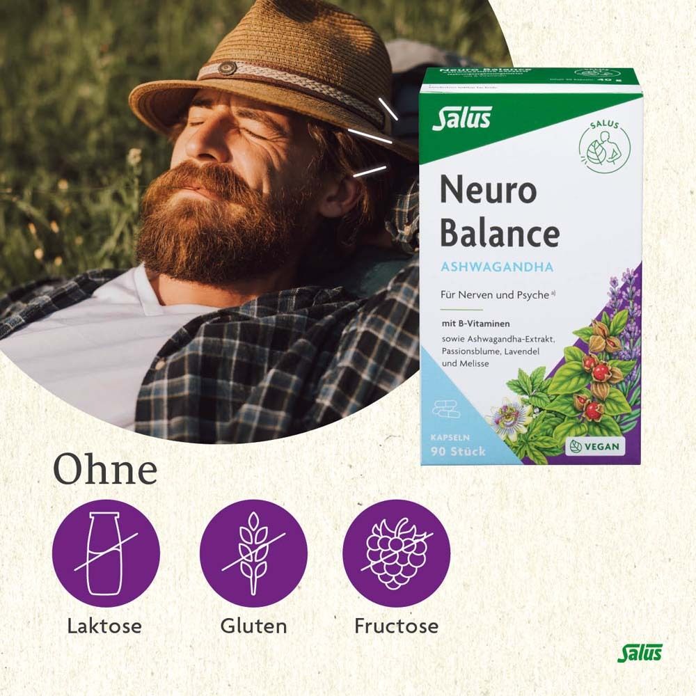 Mann liegt im Gras. Packung: Neuro Balance Ashwagandha. Ohne Laktose, Gluten, Fructose. Vegan.