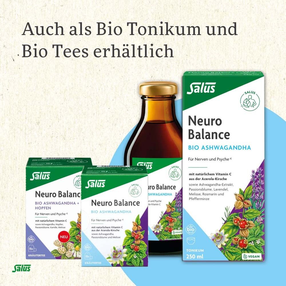 Produktabbildung: Neuro Balance Ashwagandha. Bio-Tees und Tonikum. Salus Logo.