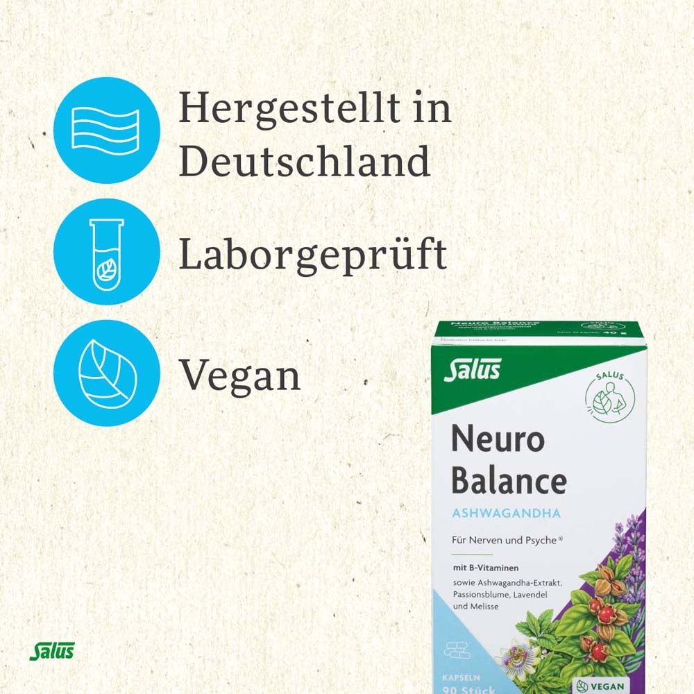 Packung: Neuro Balance Ashwagandha. Hergestellt in Deutschland. Laborgeprüft. Vegan. Salus Logo.