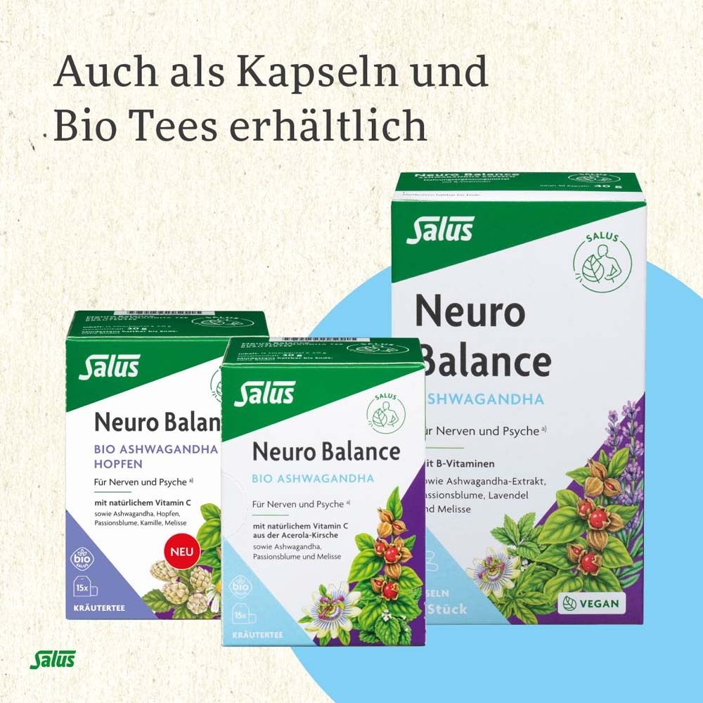 Produktverpackungen. Text: Auch als Kapseln und Bio Tees erhältlich. Salus Neuro Balance.