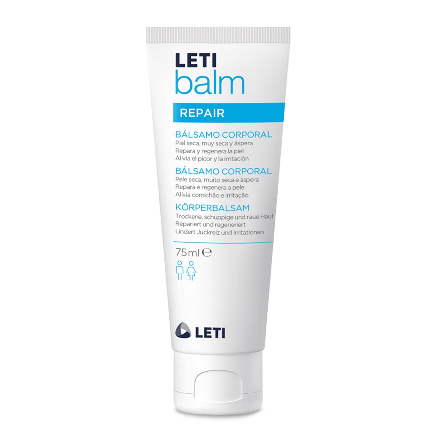 Weiße Tube mit LETI balm. Blauer Streifen mit Schriftzug. 75ml. Deckel unten.