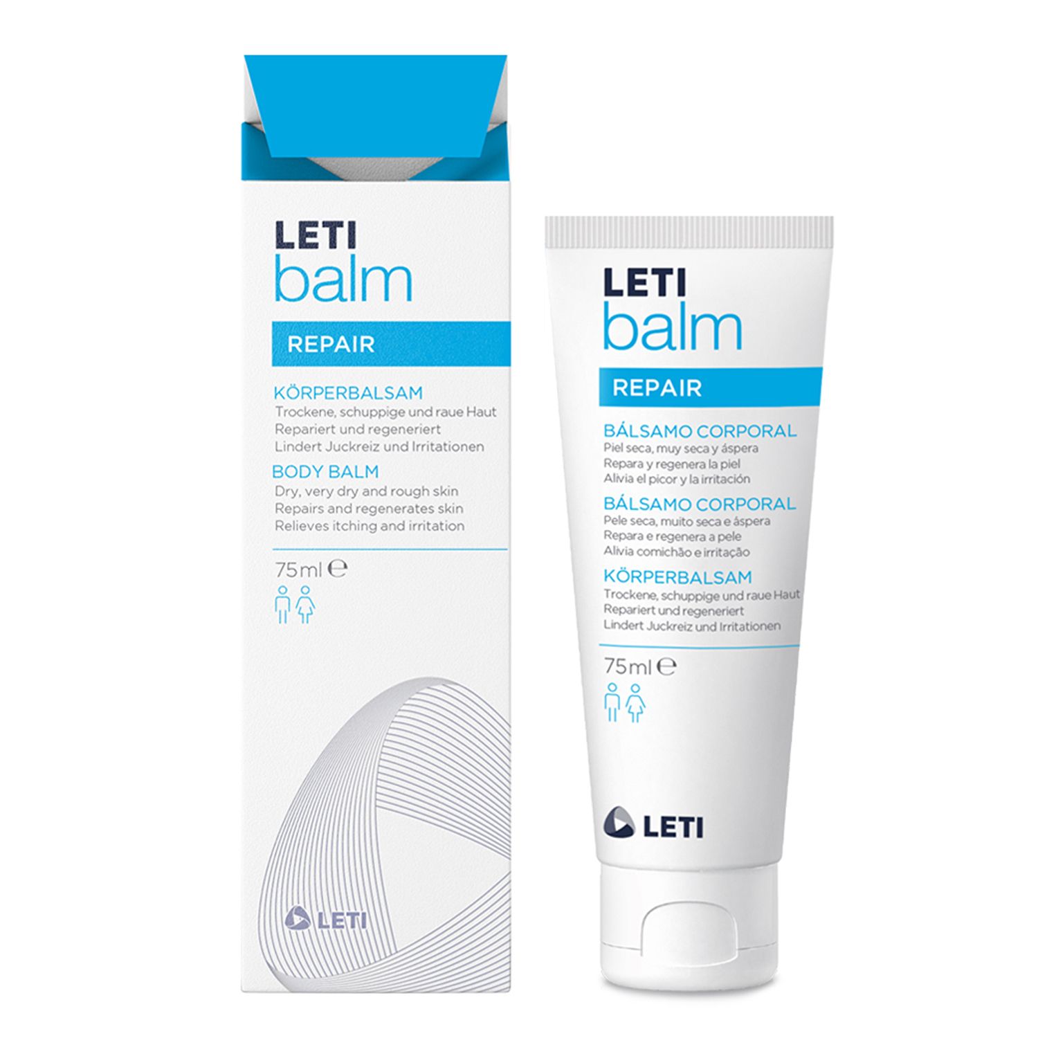 Verpackung mit Tube LETI balm. Tube und Schachtel mit Text. 75ml.