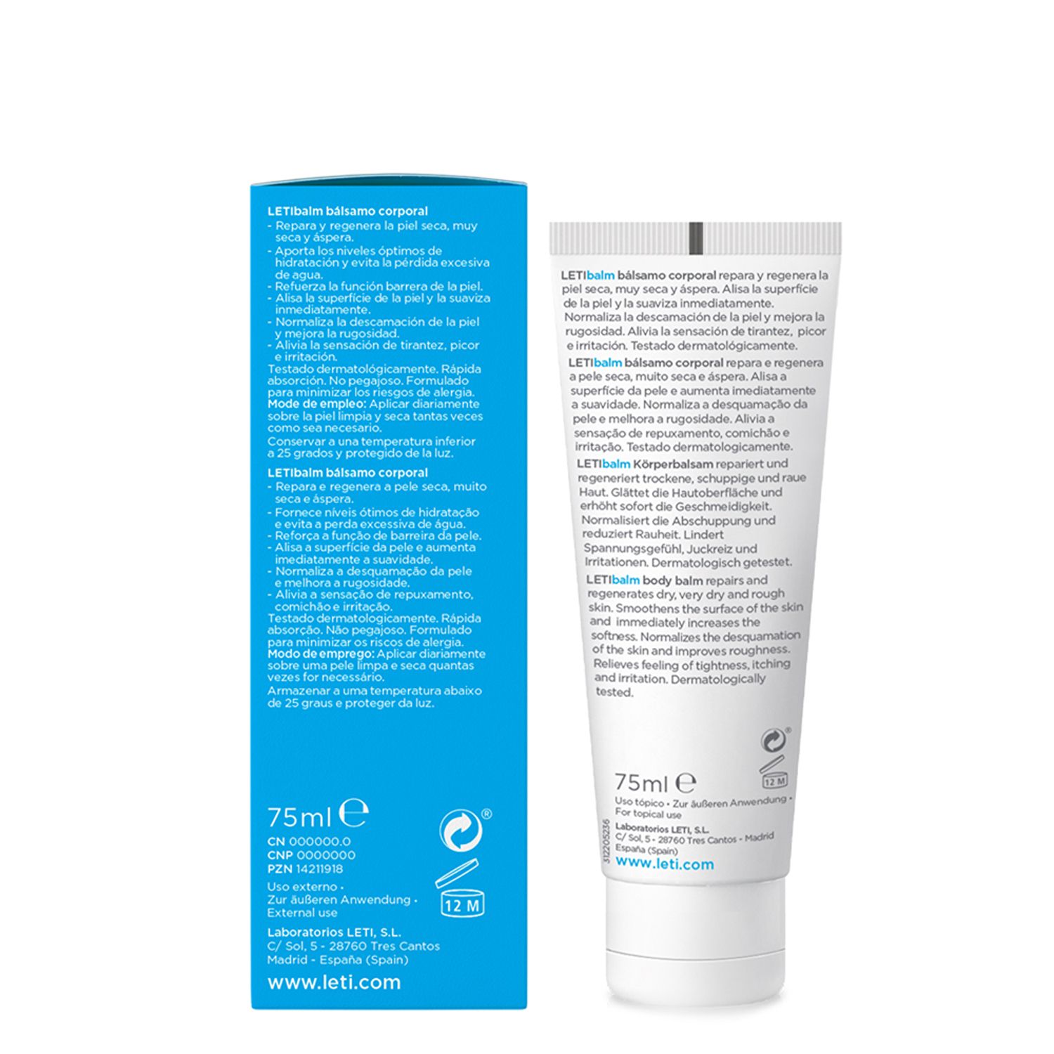 Rückseite der Tube LETI balm. Text in mehreren Sprachen. 75ml.