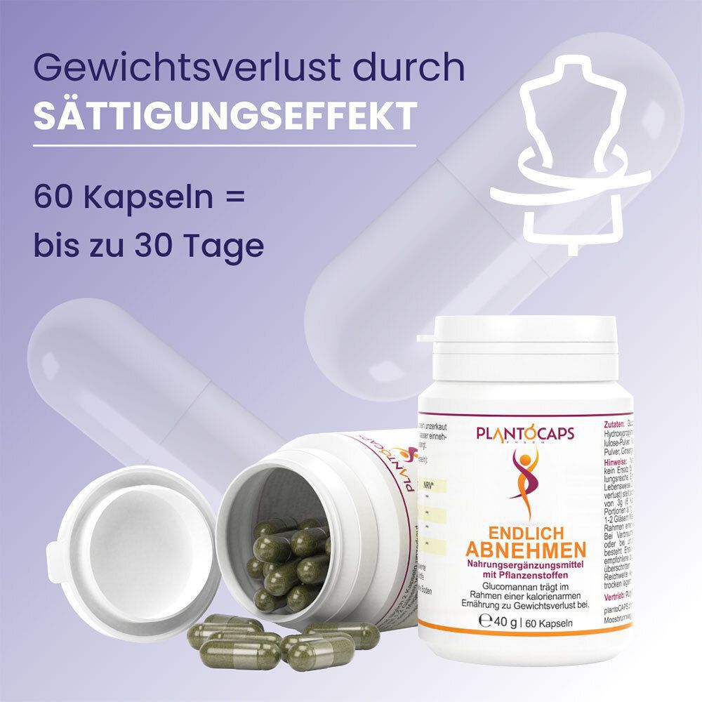 Flasche mit 60 Kapseln, 40g. "plantoCAPS EA" und "Endlich Abnehmen" sind auf dem Etikett sichtbar.