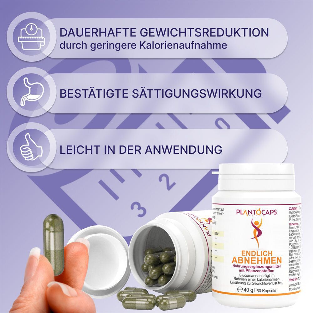 Flasche mit 60 Kapseln, 40g. "plantoCAPS EA" und "Endlich Abnehmen" sind auf dem Etikett sichtbar.