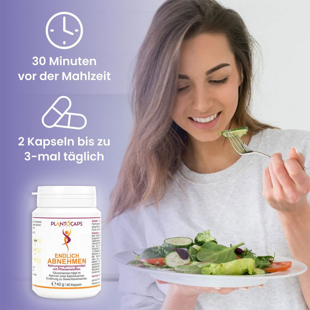 Flasche mit 60 Kapseln, 40g. "plantoCAPS EA" und "Endlich Abnehmen" sind auf dem Etikett sichtbar.