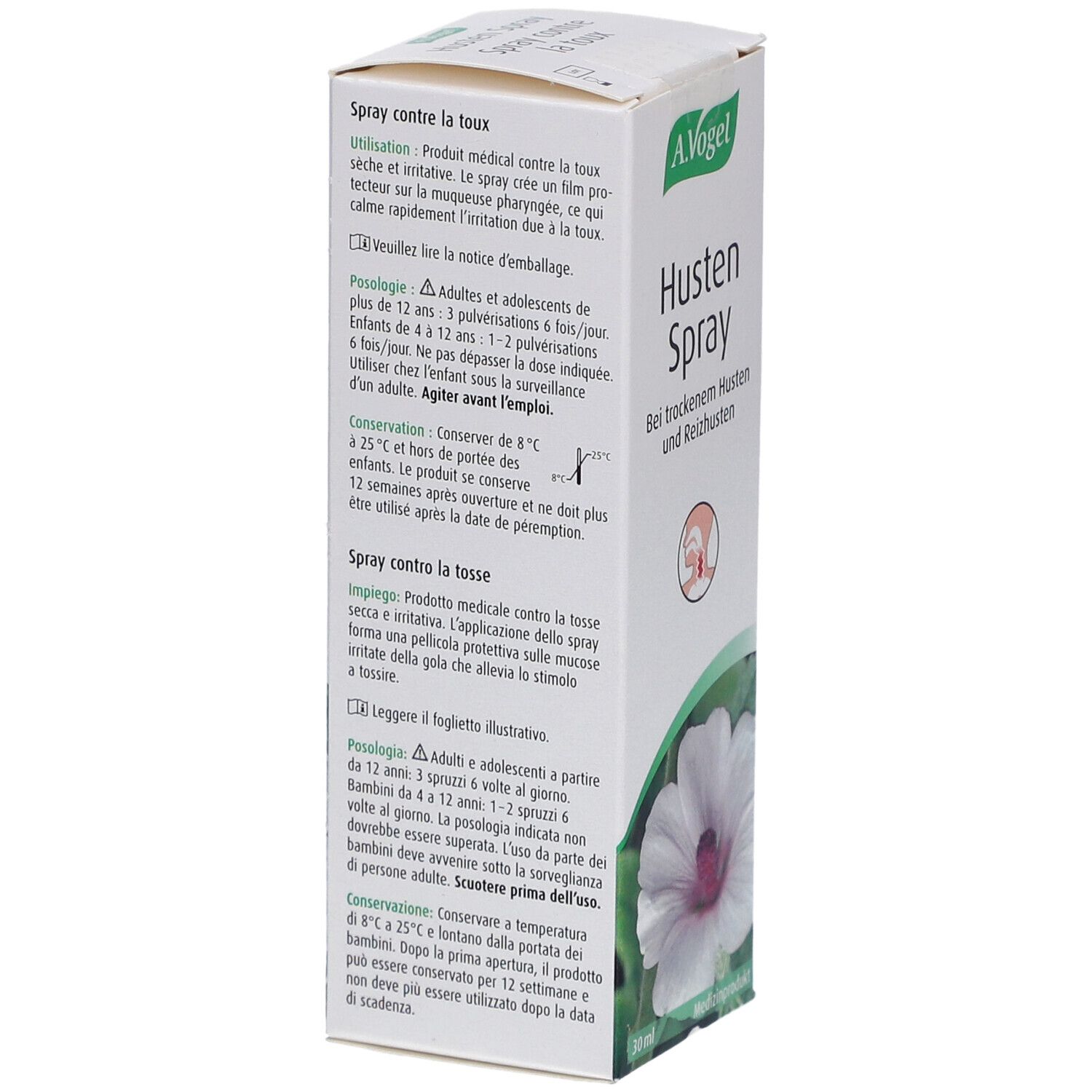 Rückseite der A. Vogel Husten-Spray-Verpackung. Text in Deutsch, Französisch und Italienisch. Florales Design.