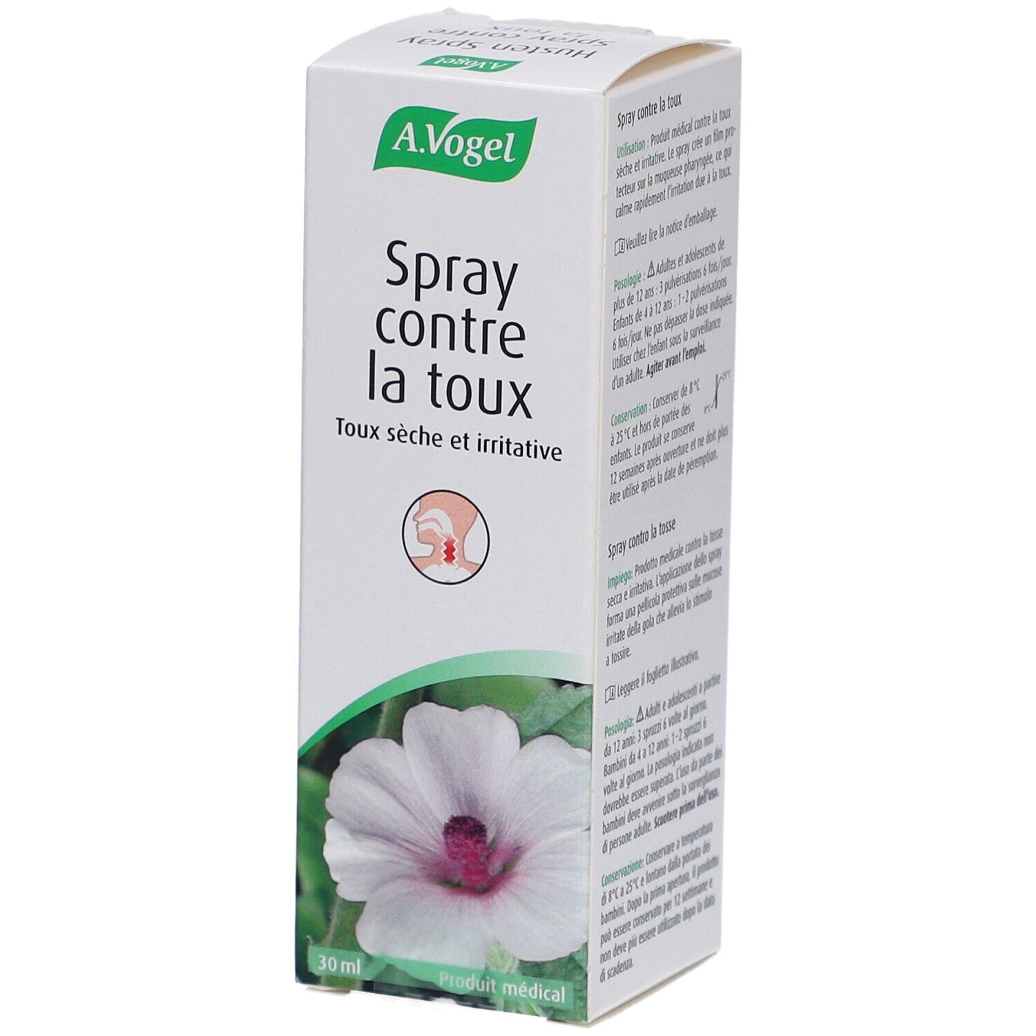 Seite der A. Vogel Husten-Spray-Verpackung. Text in Deutsch, Französisch und Italienisch. Florales Design.