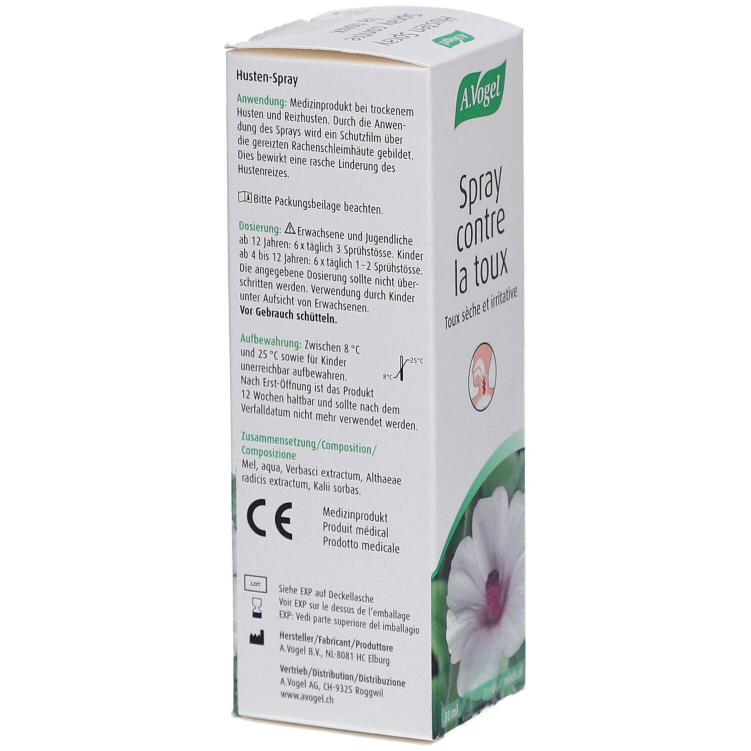 Seite der A. Vogel Husten-Spray-Verpackung. Text in Deutsch und Französisch. Florales Design und CE-Kennzeichnung.