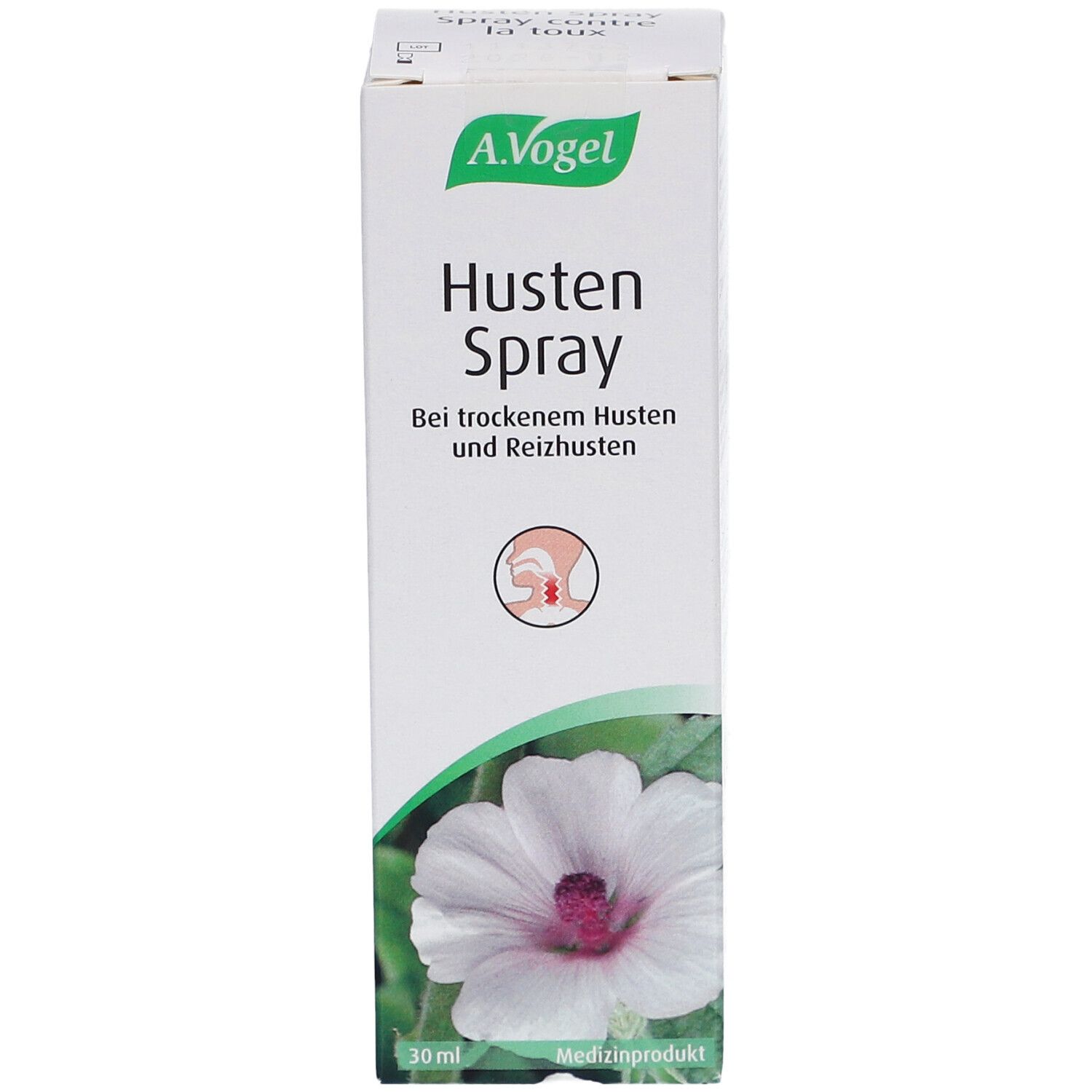 A. Vogel Husten-Spray-Verpackung. Vorderseite mit Produktnamen und floralem Design. 30 ml.