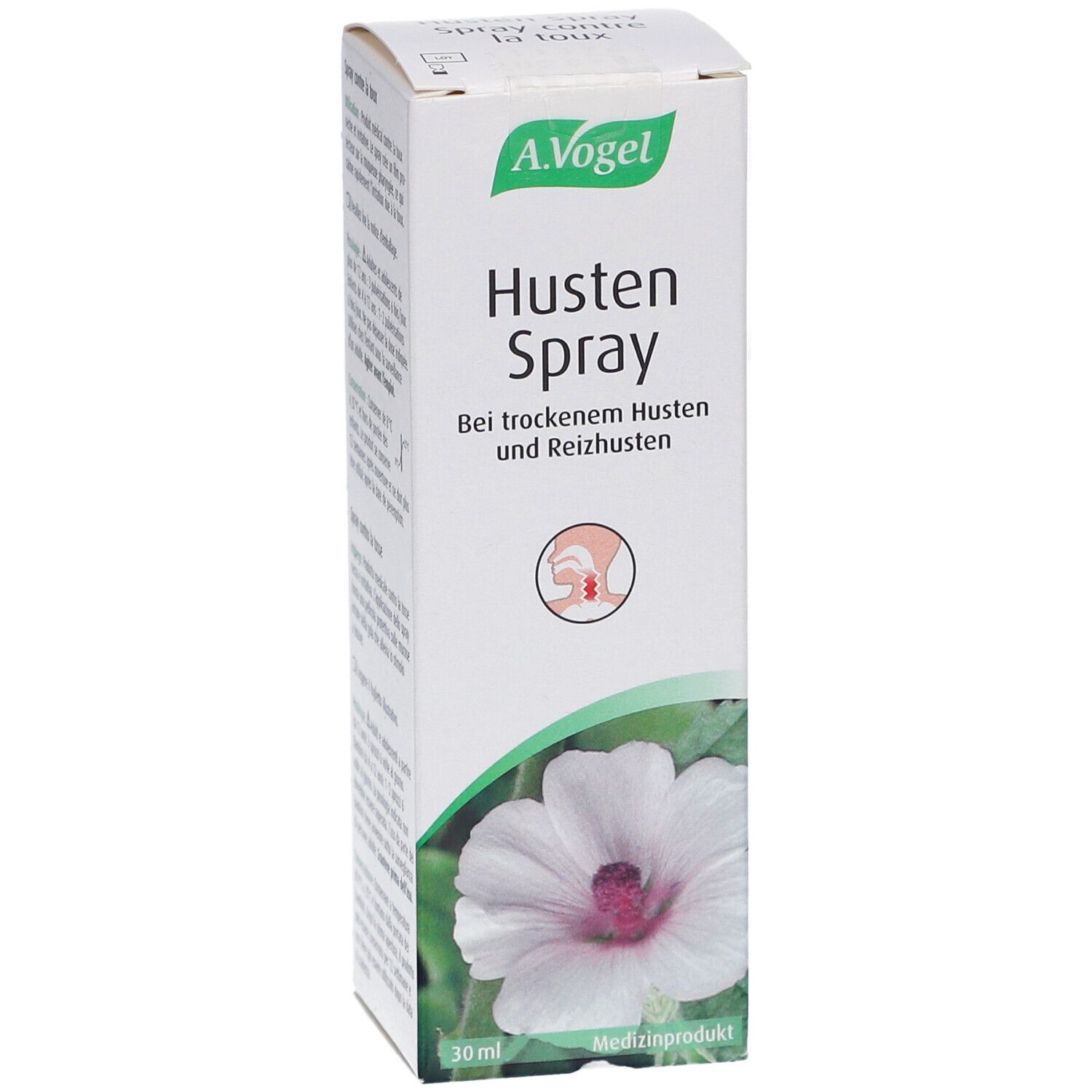 A. Vogel Husten-Spray-Verpackung. Vorderseite mit Produktnamen und floralem Design. 30 ml.